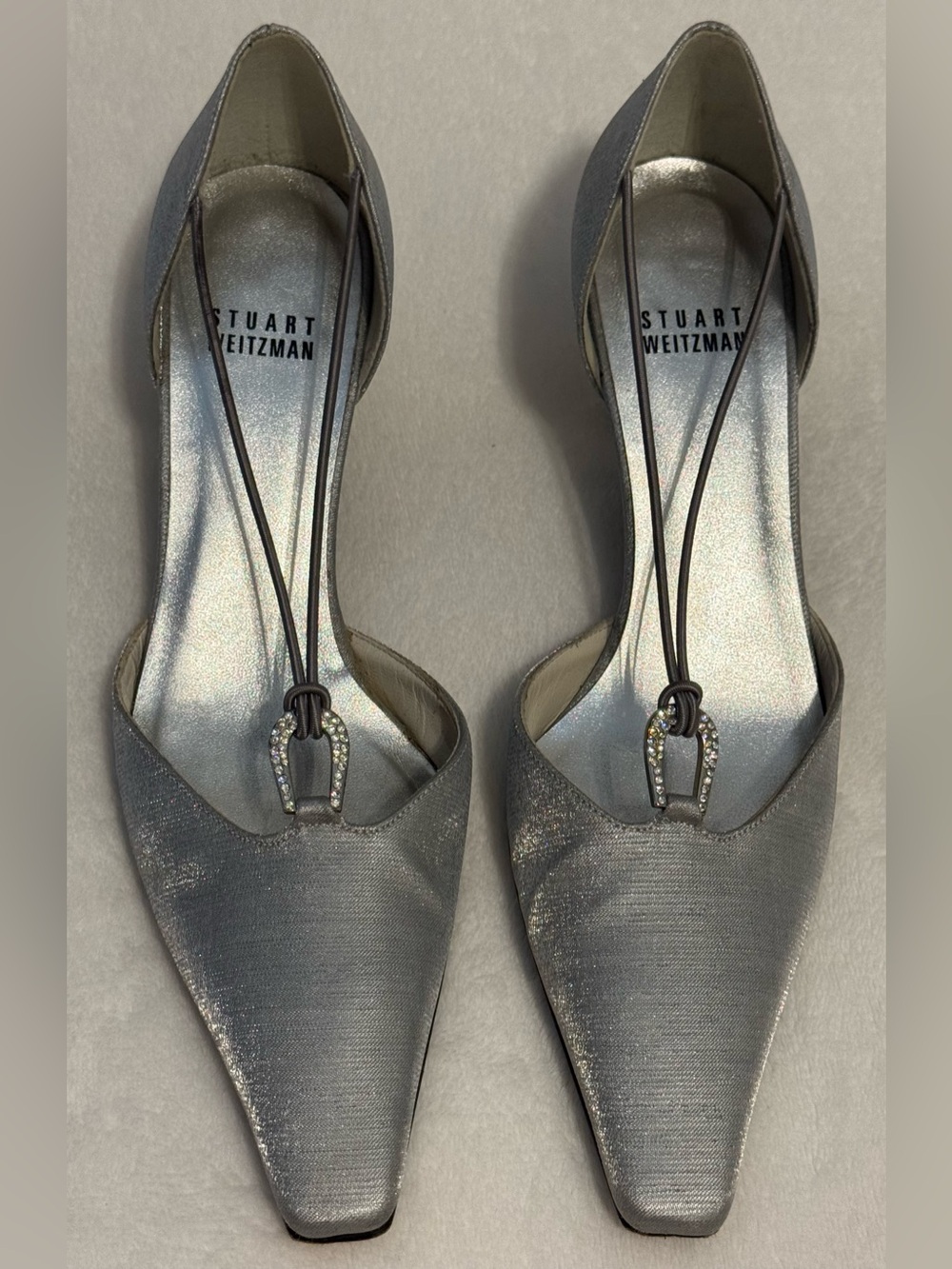 Stuart Weitzman Silver Satin Wishing Kitten Heel Rhinestone Detail Size 6.5